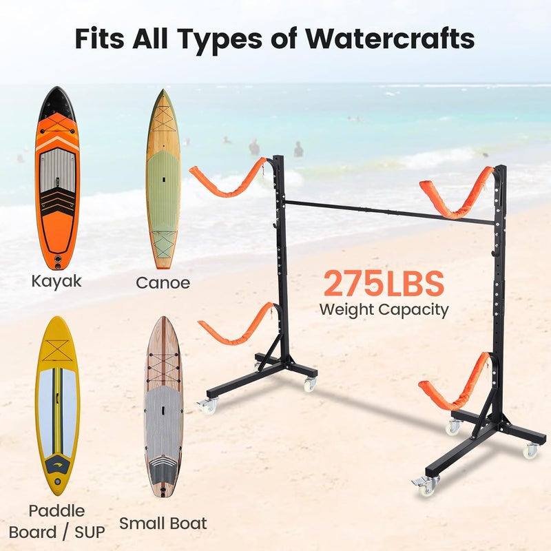 Neorexon Freestanding Kayak Storage Rack 2 Kayaks/4 Kayaks, Kayak Racks for Outdoor Storage with Movable Wheels, Kayak Stand Heavy Duty Storage Wide Adjustable for Kayak, Canoe, SUP and Surfboard - Image 4